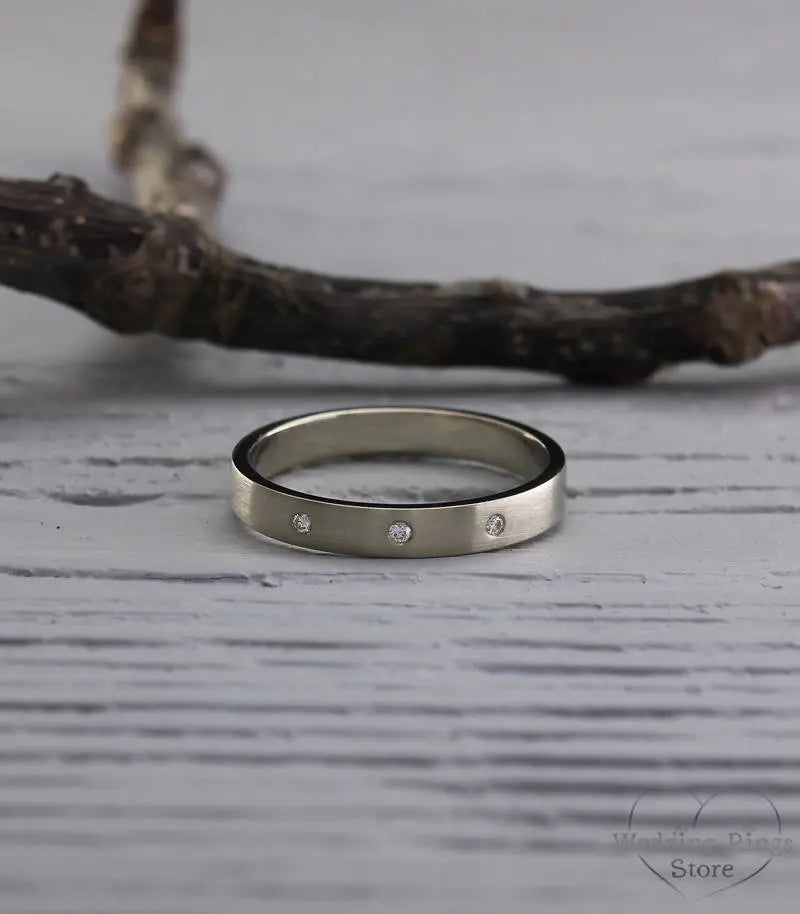 Three Diamonds 3mm Dainty Silver Wedding Ring