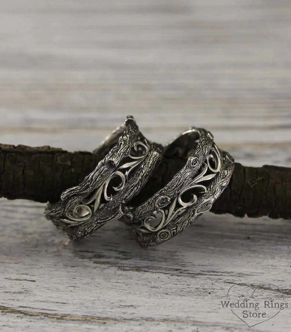 Forest Tree Wedding Bands in Vintage style — His and Her Rings Set