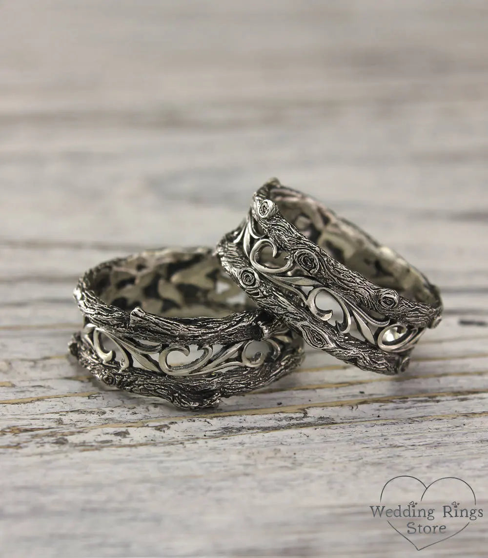 Forest Tree Wedding Bands in Vintage style — His and Her Rings Set