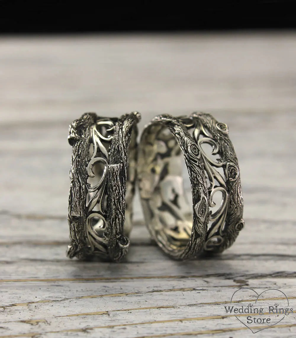 Forest Tree Wedding Bands in Vintage style — His and Her Rings Set