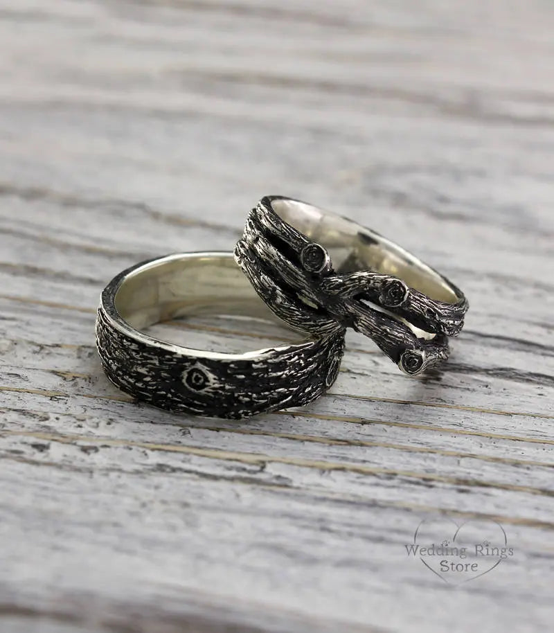 Oxidized Silver Forest Woodbark Wedding Bands Set