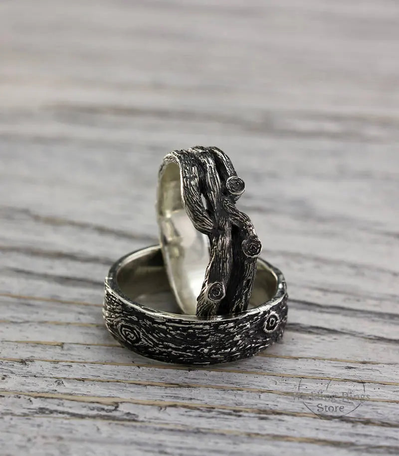 Oxidized Silver Forest Woodbark Wedding Bands Set