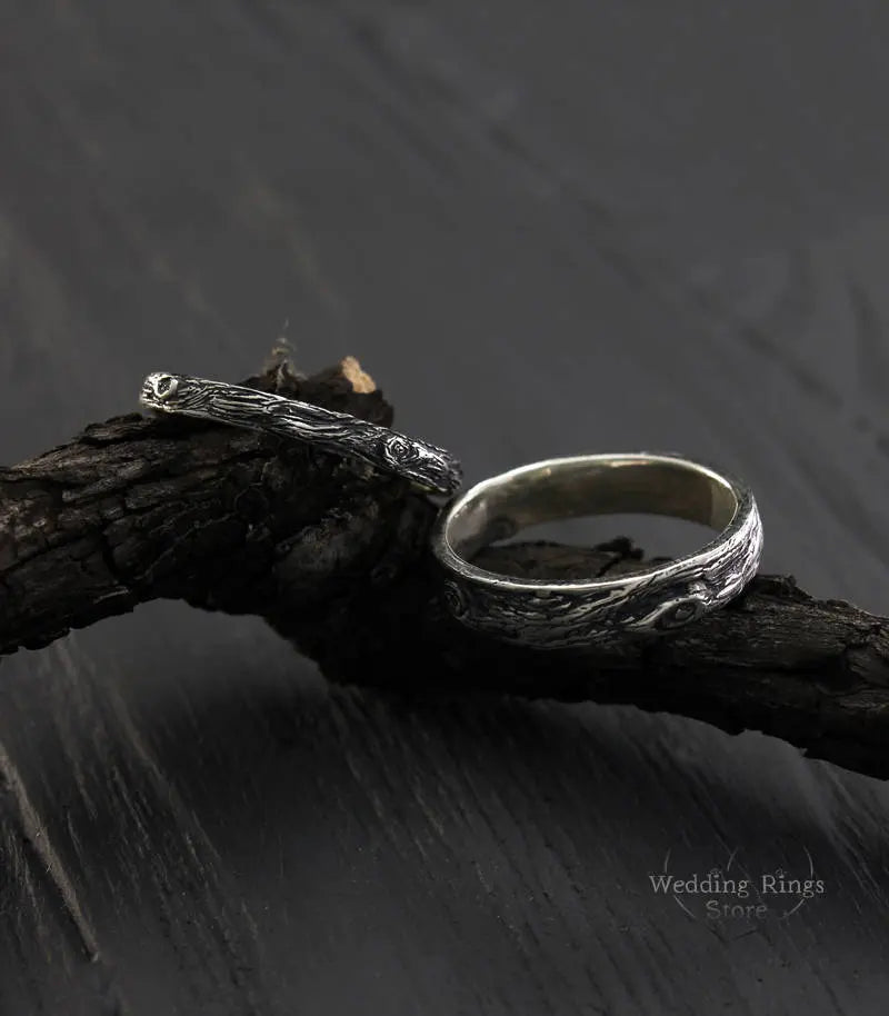 Tree bark His & Her Silver Nature Wedding Rings Set