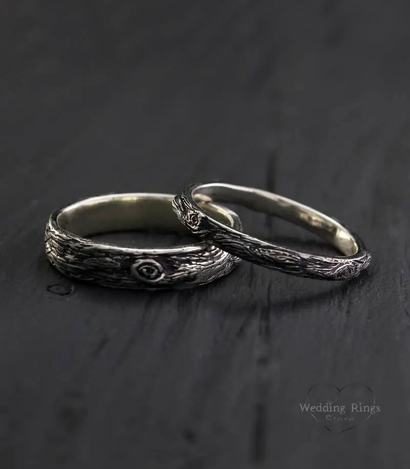 Tree bark His & Her Silver Nature Wedding Rings Set