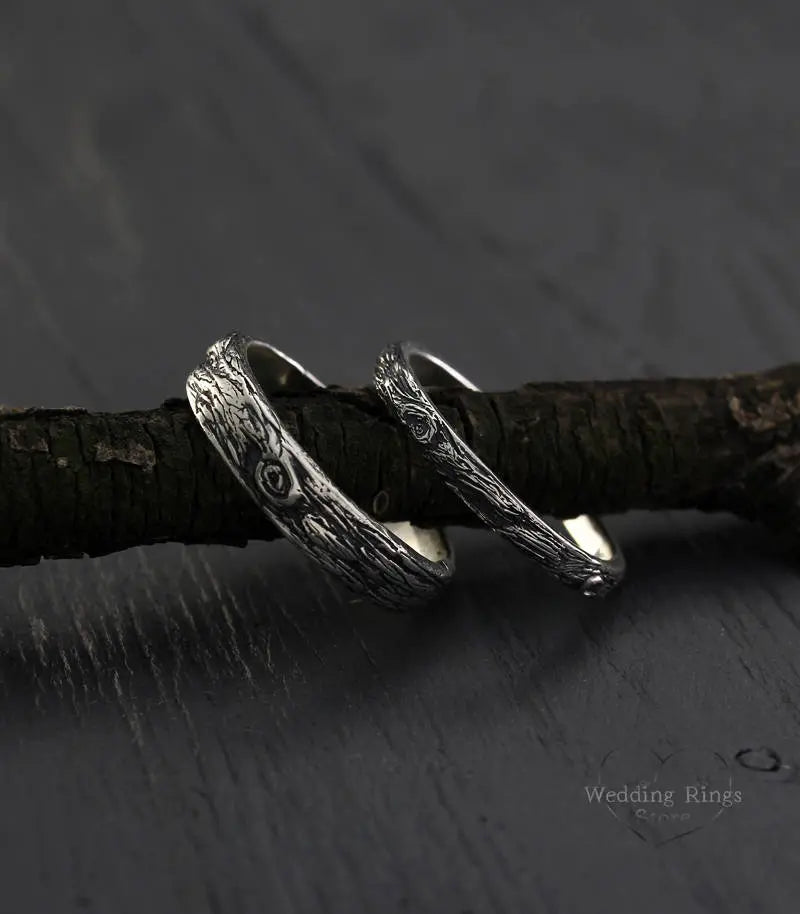 Tree bark His & Her Silver Nature Wedding Rings Set