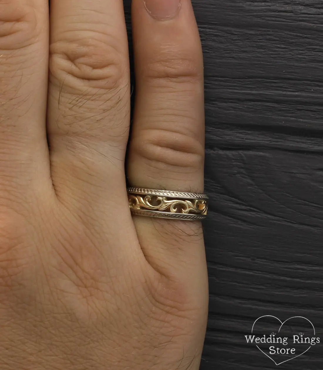 Special Vintage style Vine Wedding Band in Mixed metals