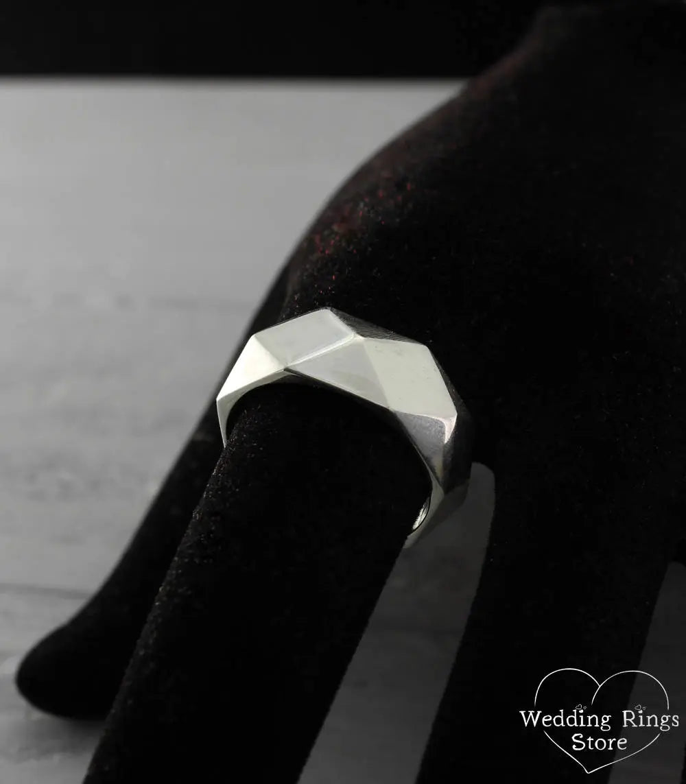 Bold and Chunky Geometric Faceted Silver Ring