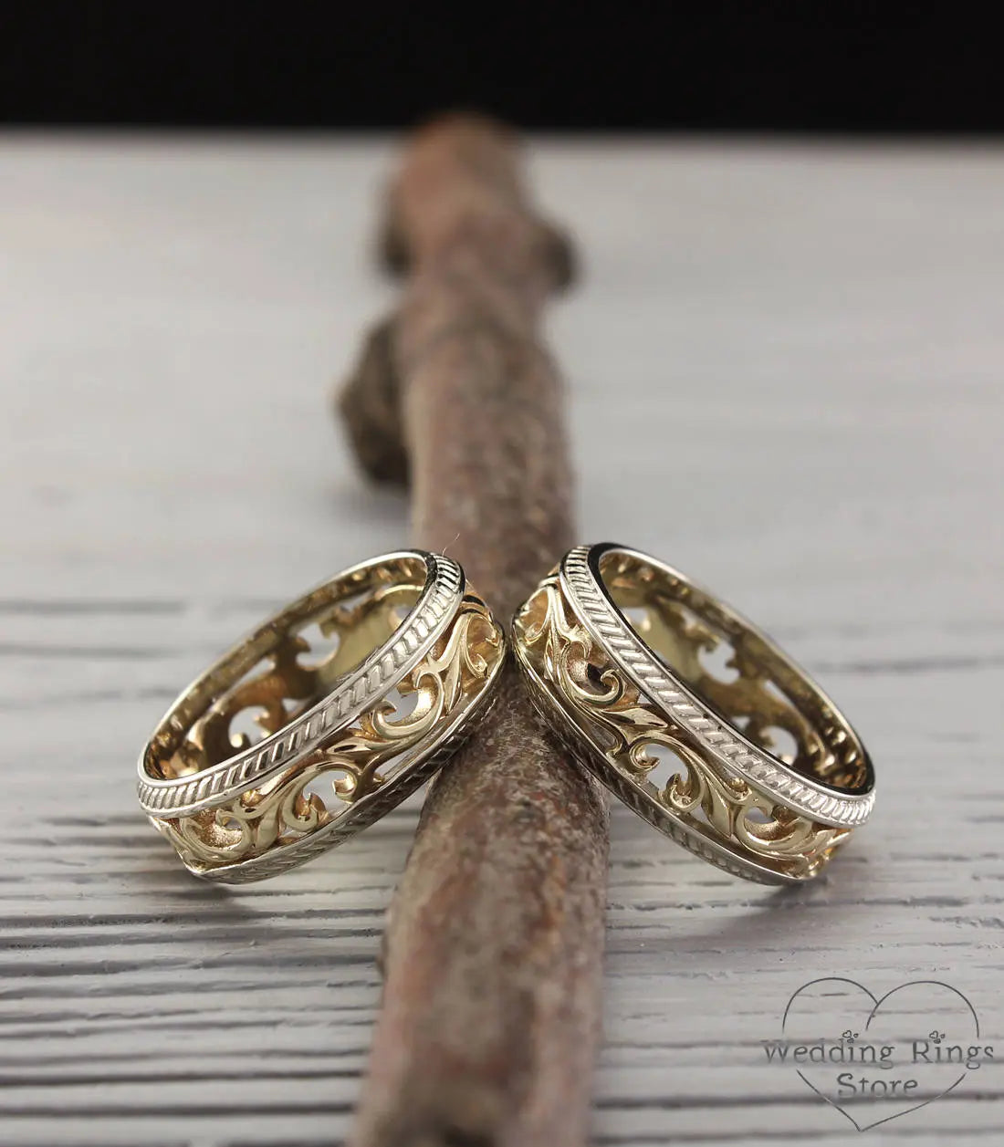 Mixed metals Vine & Filigree Vintage style Wedding Bands Set