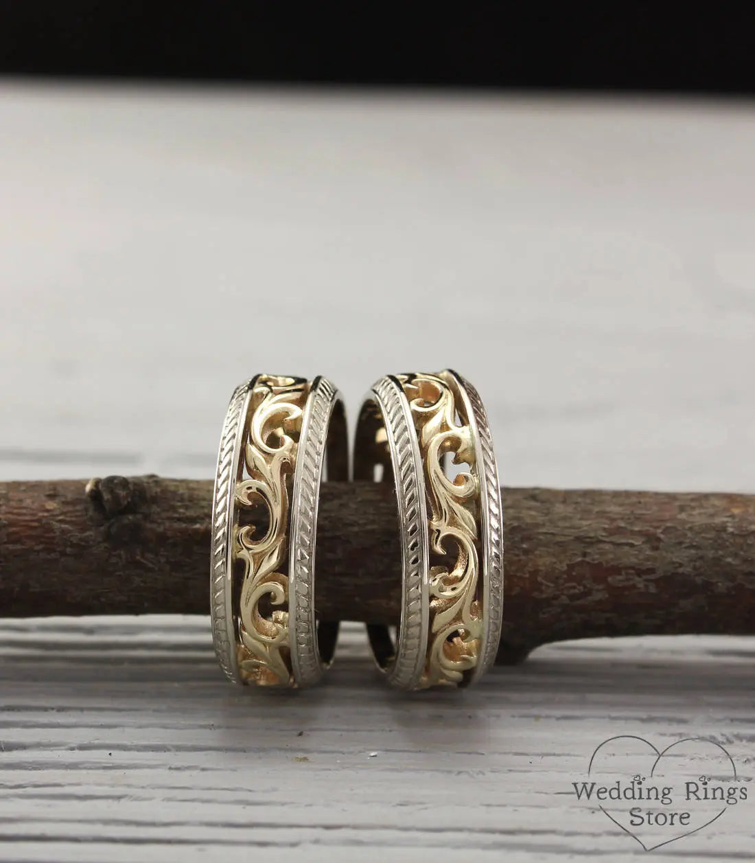 Mixed metals Vine & Filigree Vintage style Wedding Bands Set