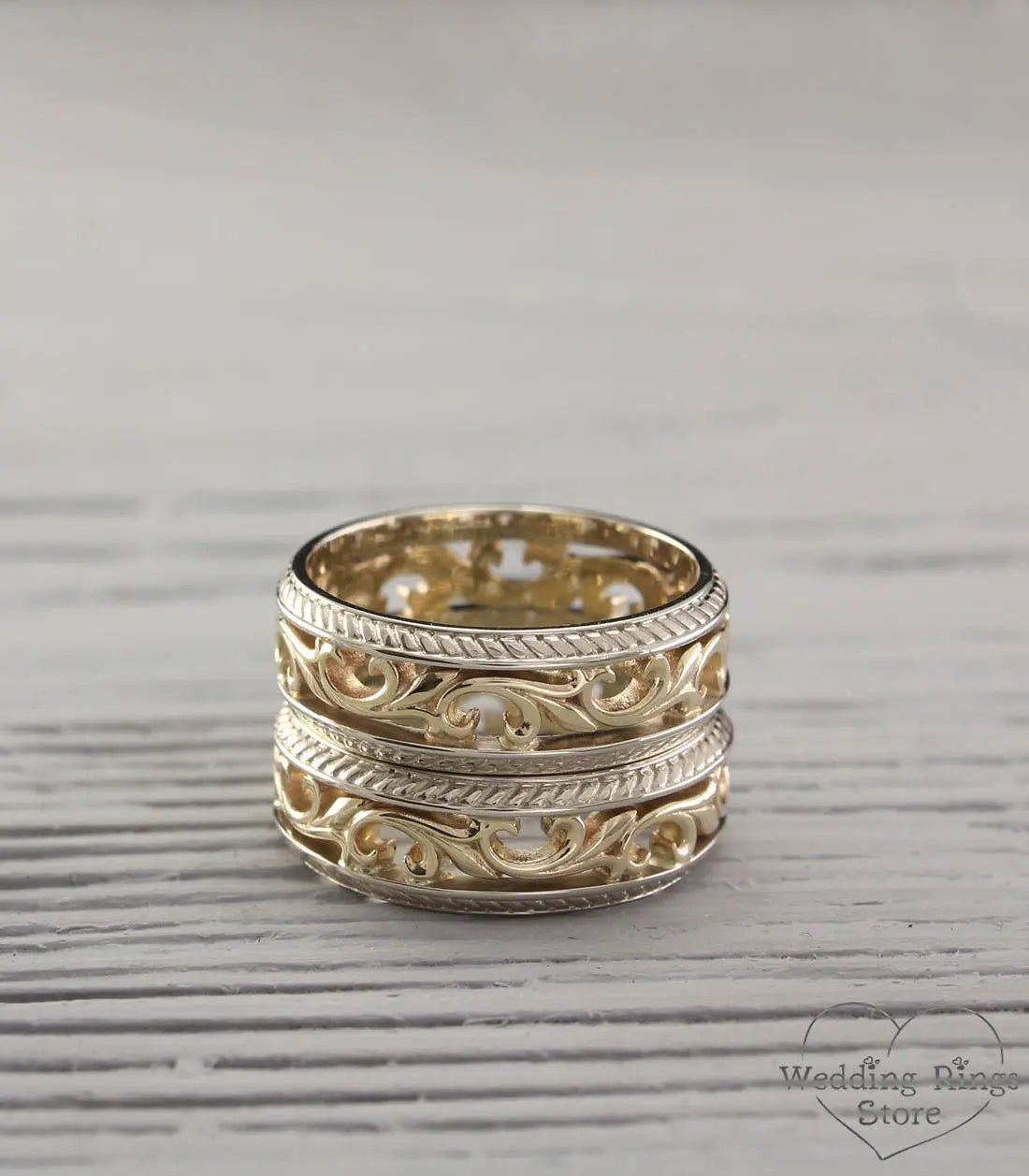 Mixed metals Vine & Filigree Vintage style Wedding Bands Set