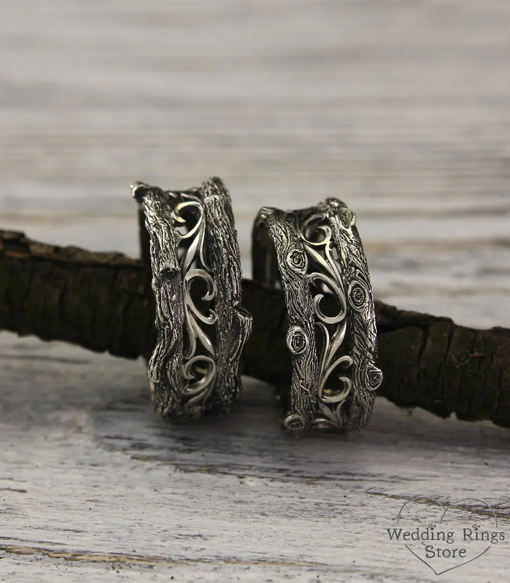 Forest Tree Wedding Bands in Vintage style — His and Her Rings Set