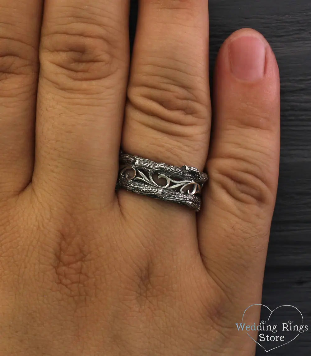 Forest Tree Wedding Bands in Vintage style — His and Her Rings Set