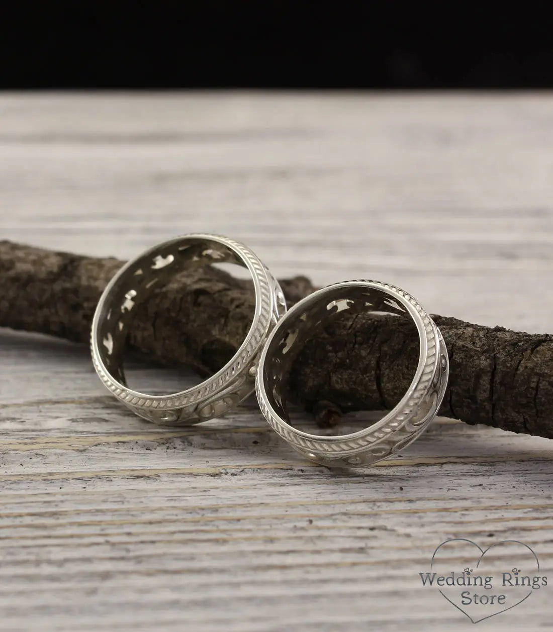 Filigree Vintage style Silver Wedding Bands Set for Couple