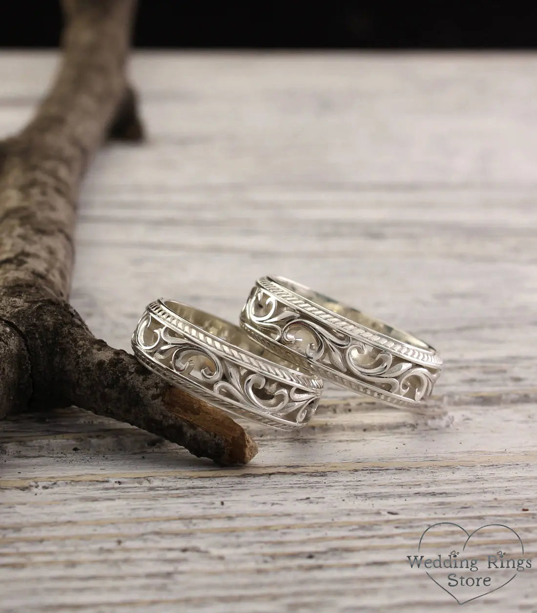 Filigree Vintage style Silver Wedding Bands Set for Couple