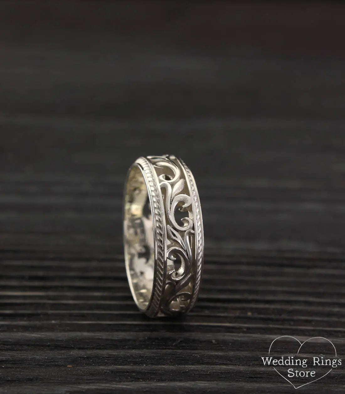 Silver Filigree & Vine Wedding Band – Vintage Style openwork