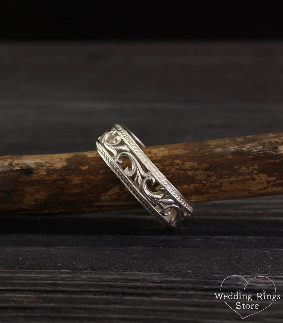 Silver Filigree & Vine Wedding Band – Vintage Style openwork