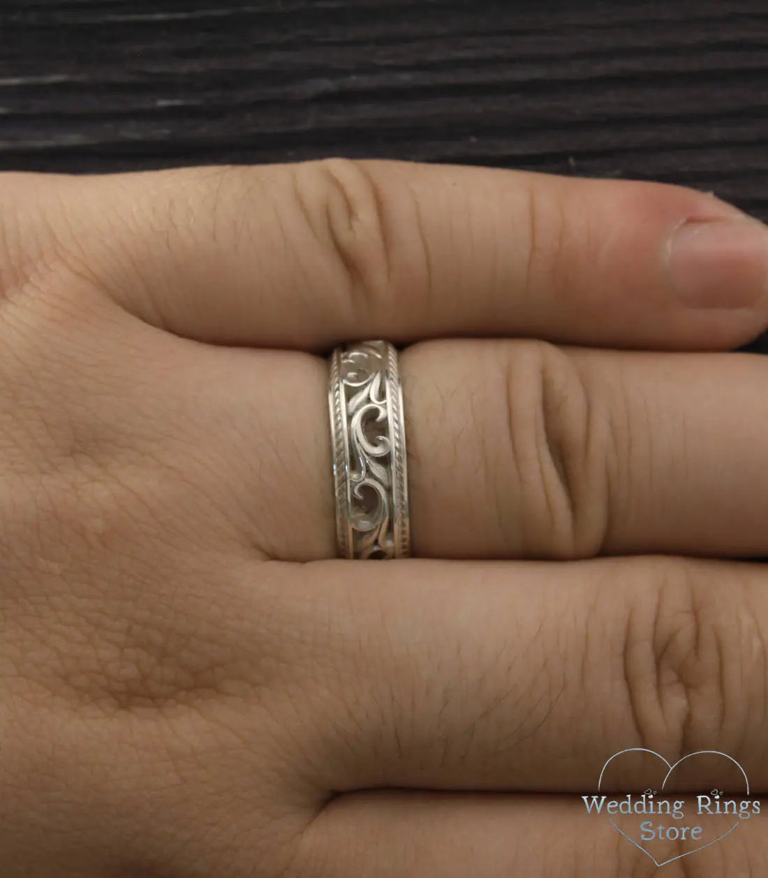 Filigree Vintage style Silver Wedding Bands Set for Couple