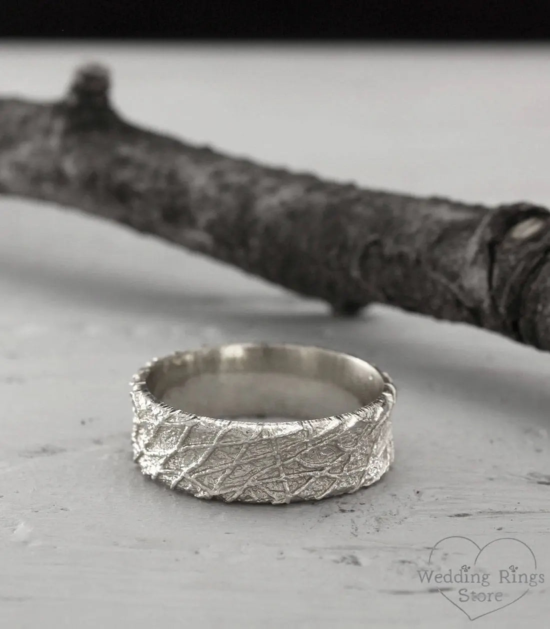 Wide Shiny Silver Wedding Band Rough Modern Texture