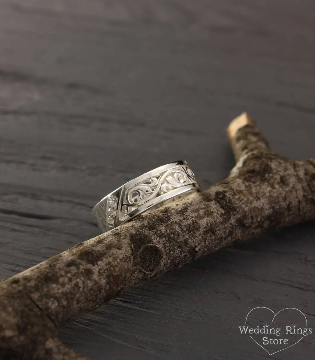 Vintage style Wedding Band — Silver Nature Ring