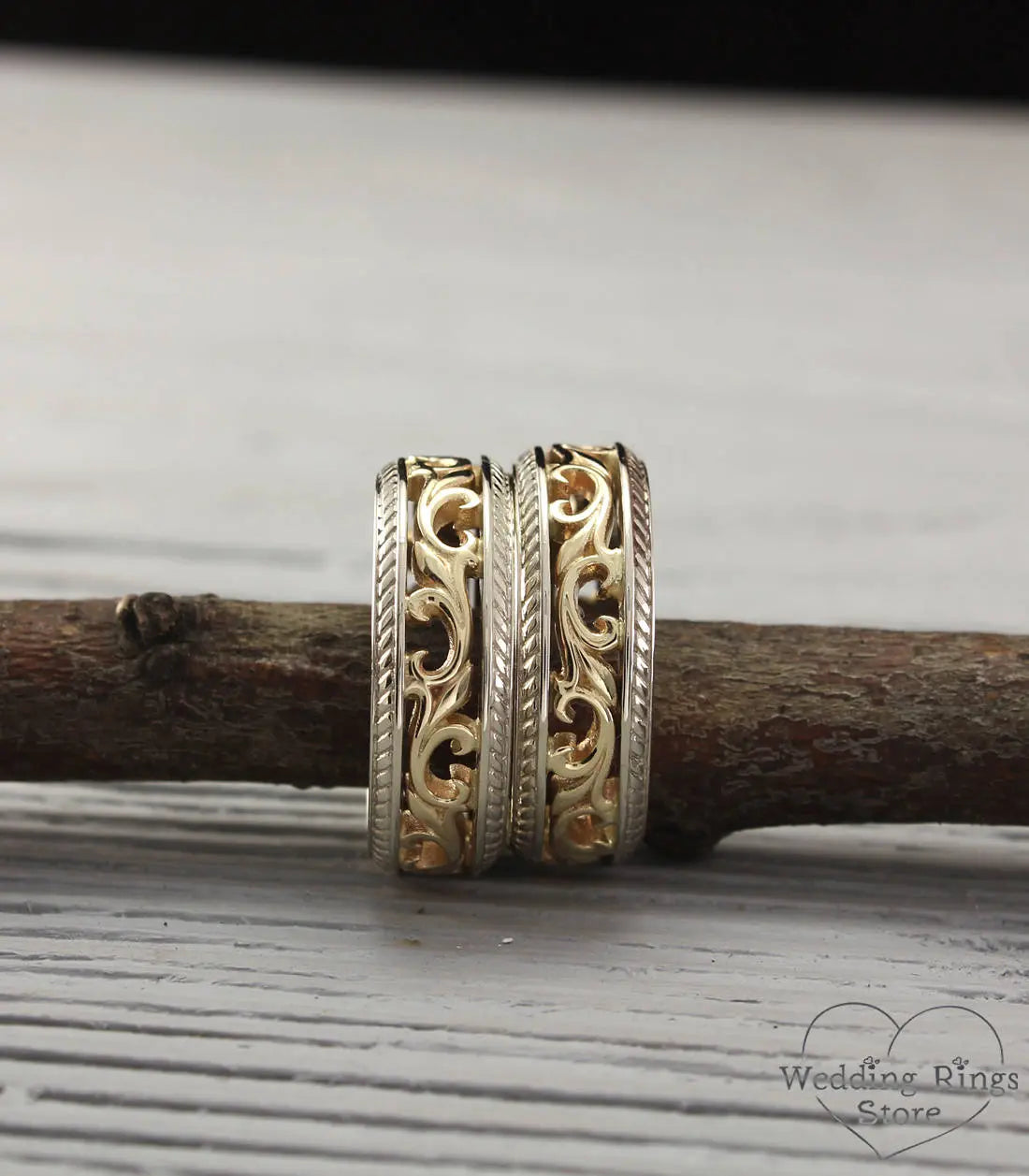 Mixed metals Vine & Filigree Vintage style Wedding Bands Set