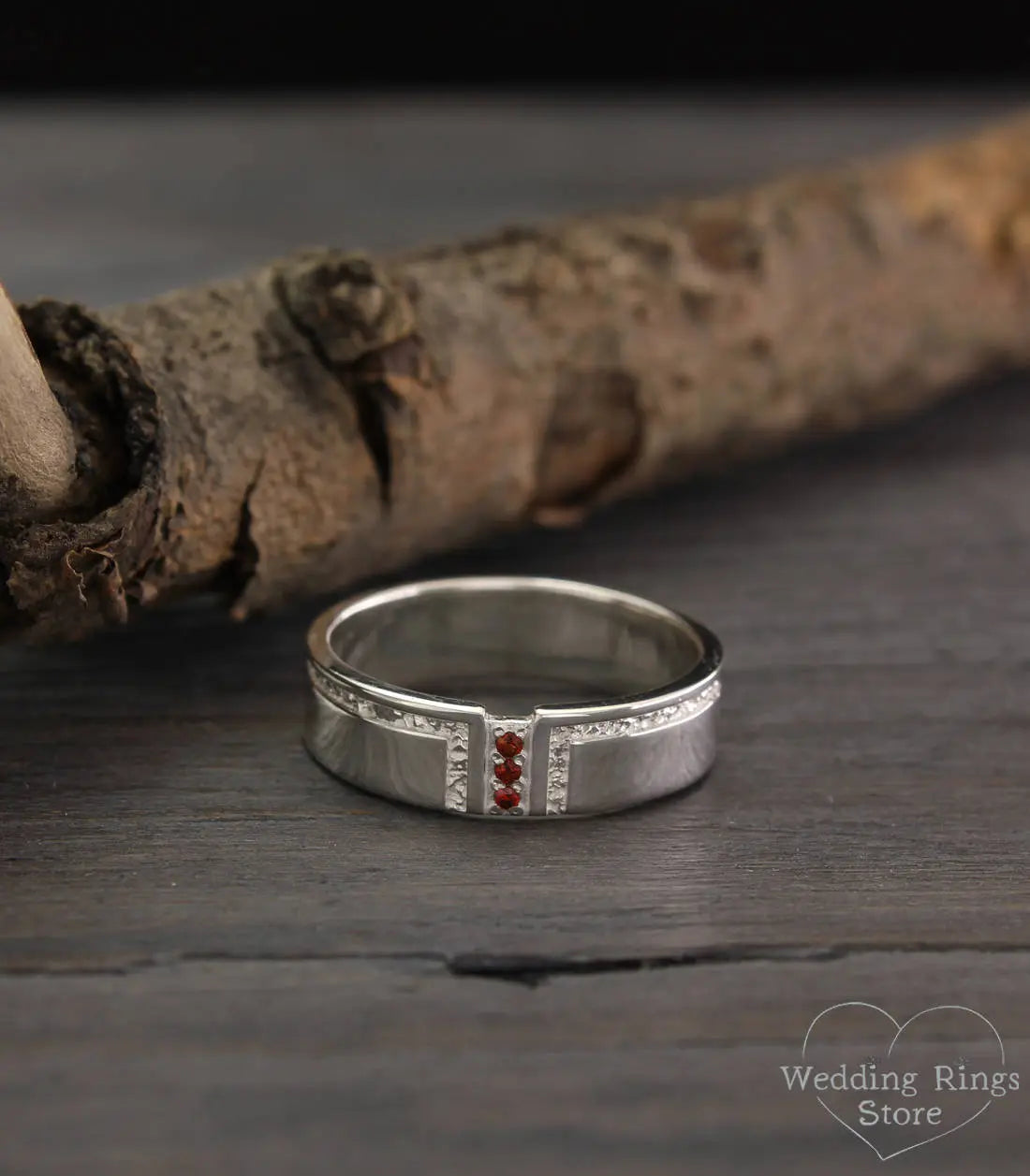 Mens Bold Garnet Wedding Ring in Solid Silver