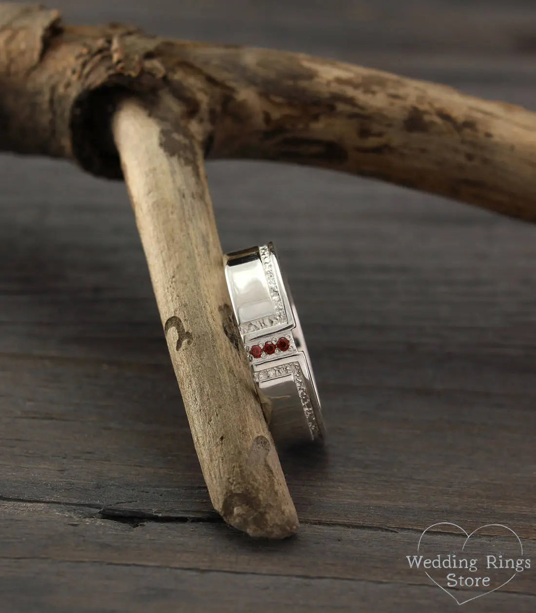 Mens Bold Garnet Wedding Ring in Solid Silver