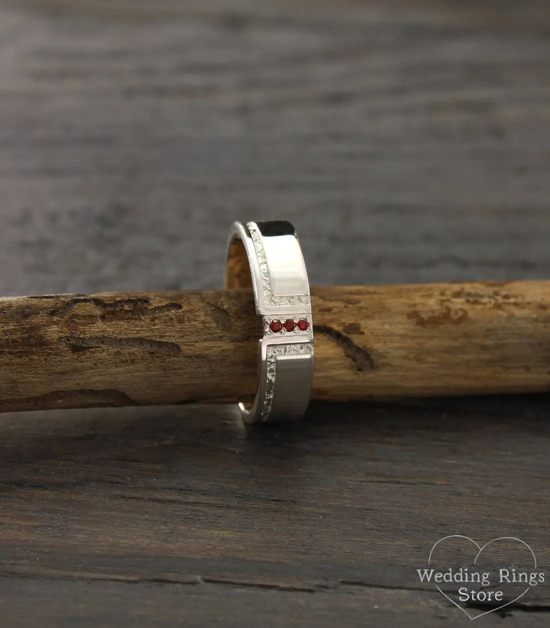 Mens Bold Garnet Wedding Ring in Solid Silver