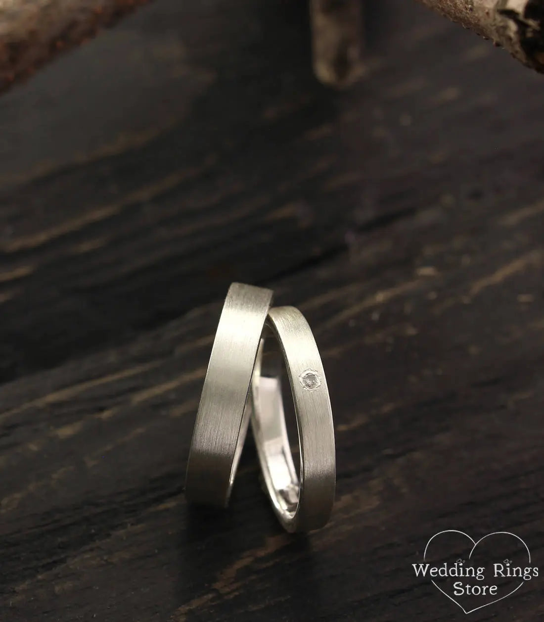 Simple Silver Plain & Diamond Wedding Rings Set