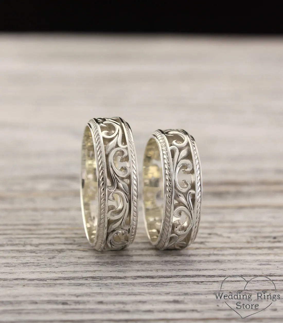 Filigree Vintage style Silver Wedding Bands Set for Couple