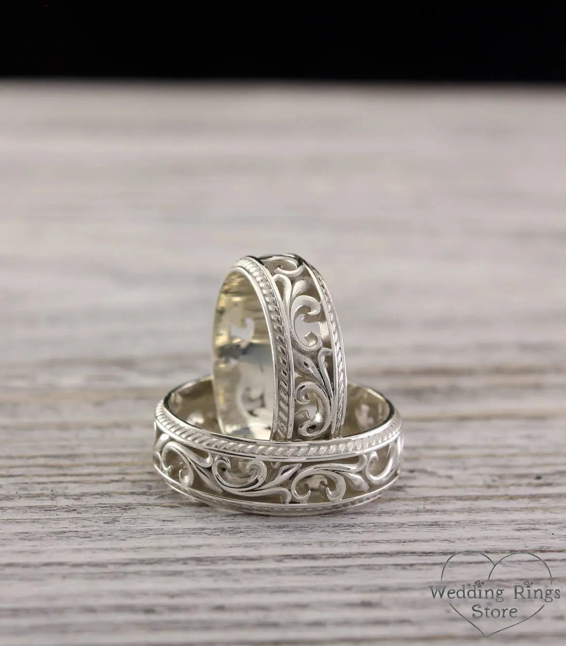 Filigree Vintage style Silver Wedding Bands Set for Couple