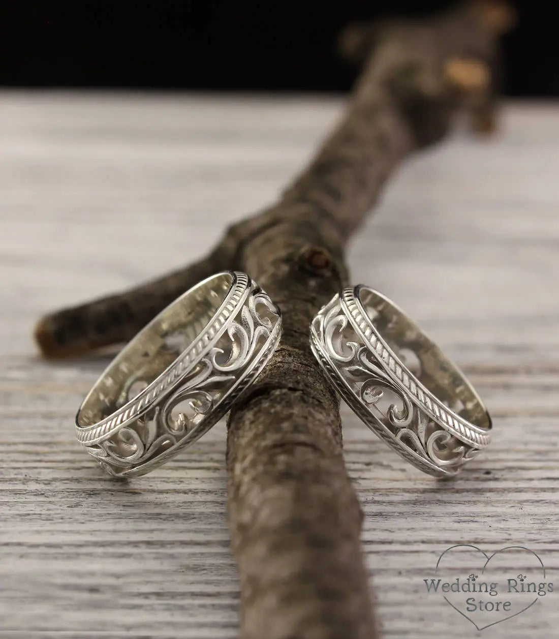 Filigree Vintage style Silver Wedding Bands Set for Couple