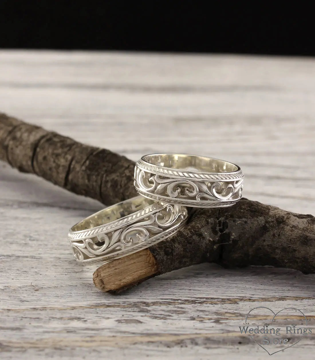 Filigree Vintage style Silver Wedding Bands Set for Couple