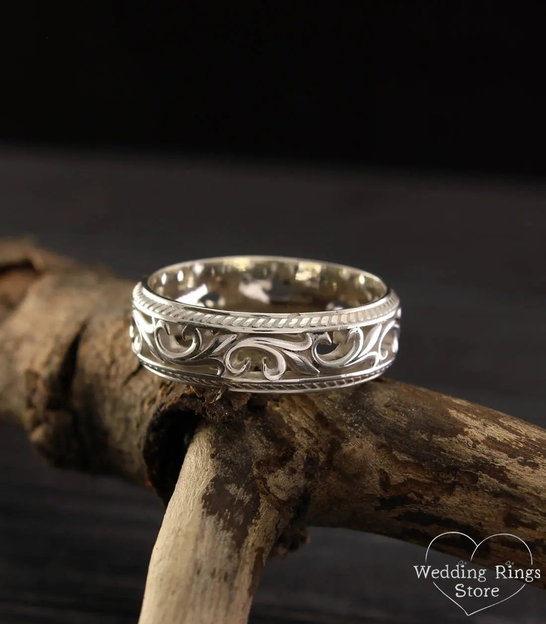 Silver Filigree & Vine Wedding Band – Vintage Style openwork