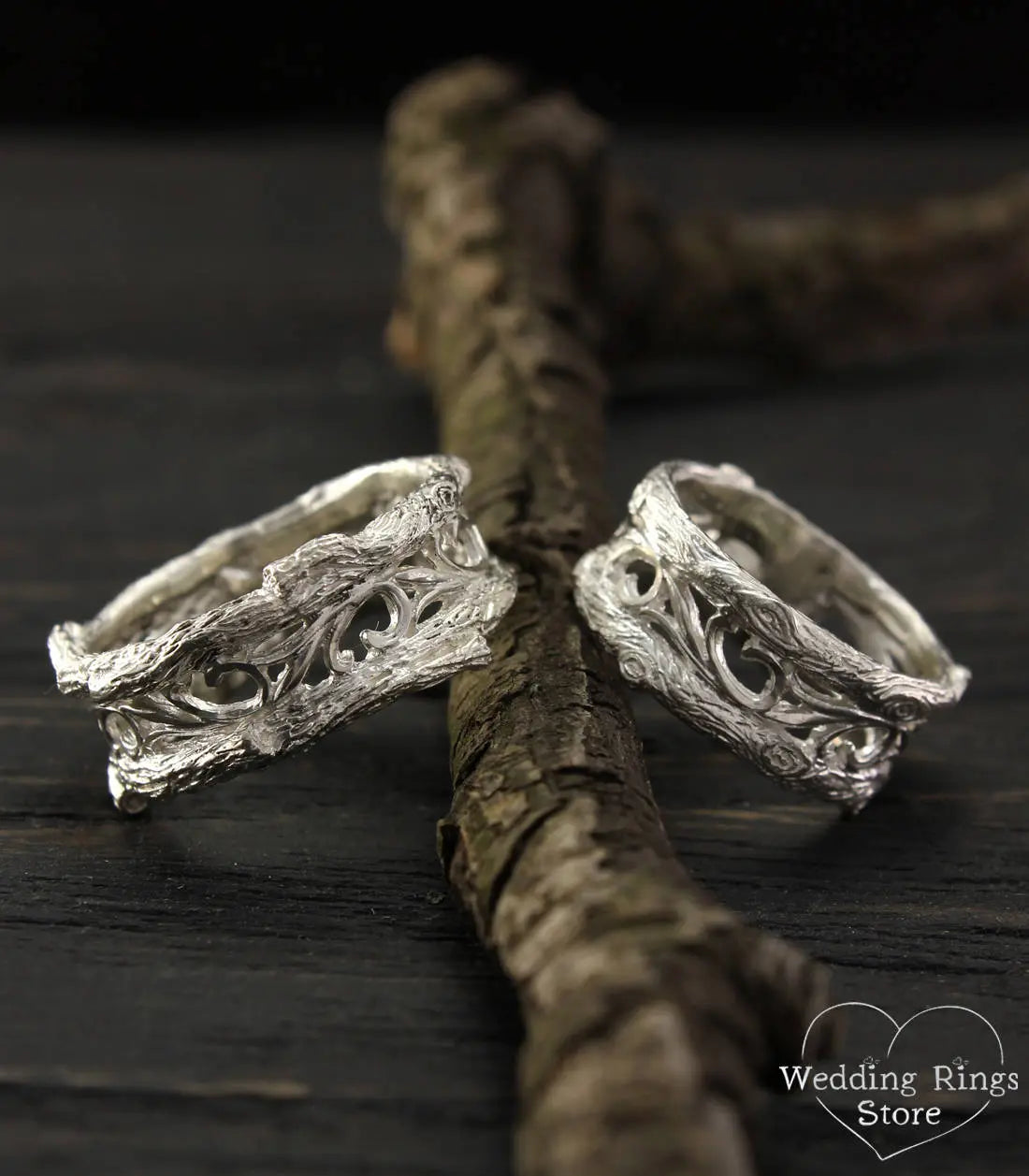 Forest Tree Wedding Bands in Vintage style — His and Her Rings Set