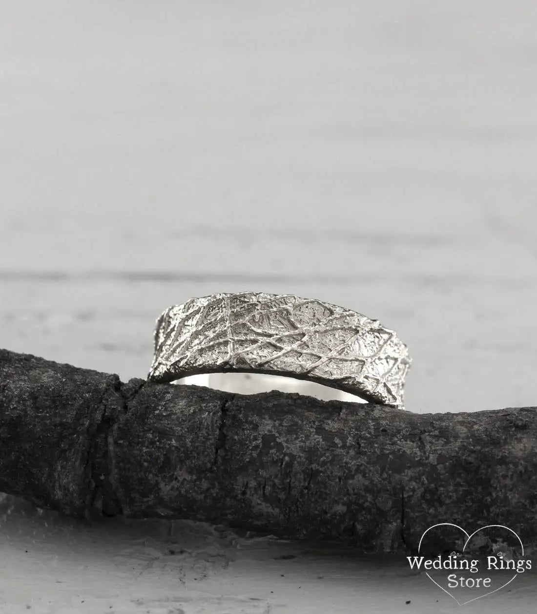 Wide Shiny Silver Wedding Band Rough Modern Texture