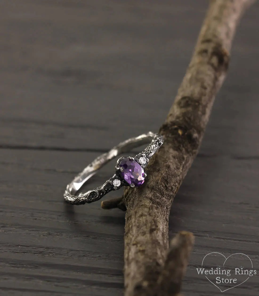 Tiny Silver Engagement Ring with Amethyst & Side Stones