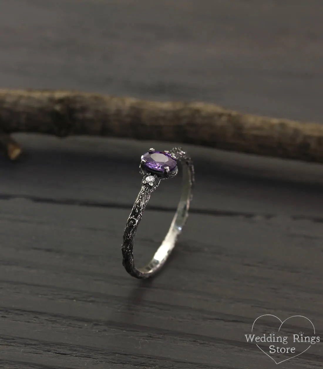 Tiny Silver Engagement Ring with Amethyst & Side Stones