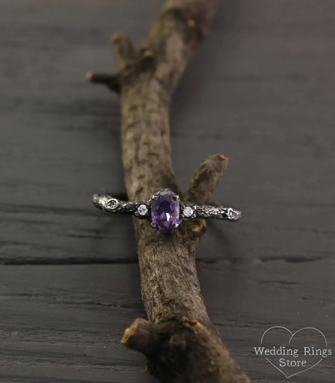 Tiny Silver Engagement Ring with Amethyst & Side Stones