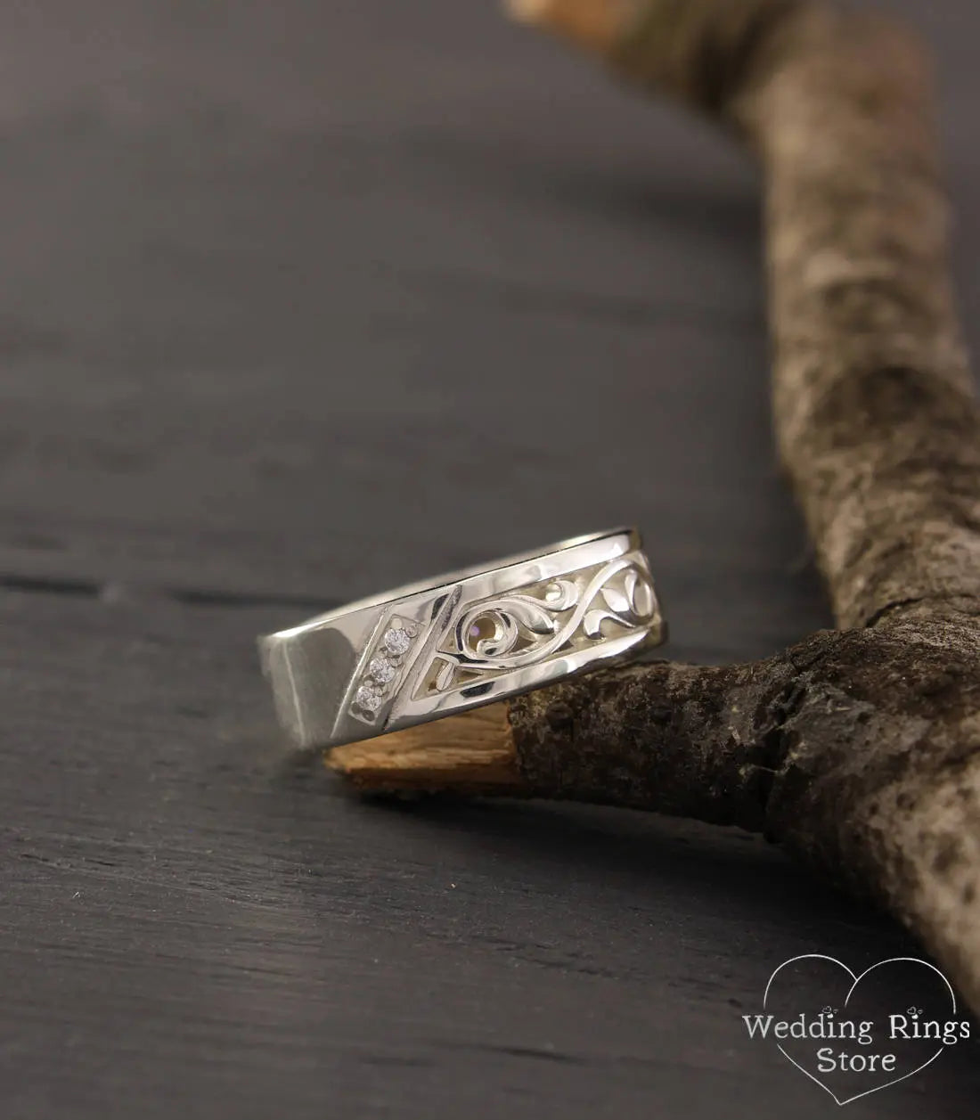 Vintage style Wedding Band — Silver Nature Ring