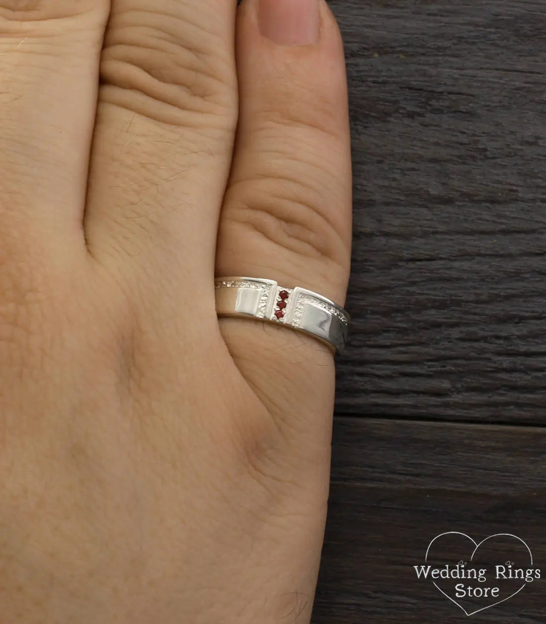 Mens Bold Garnet Wedding Ring in Solid Silver