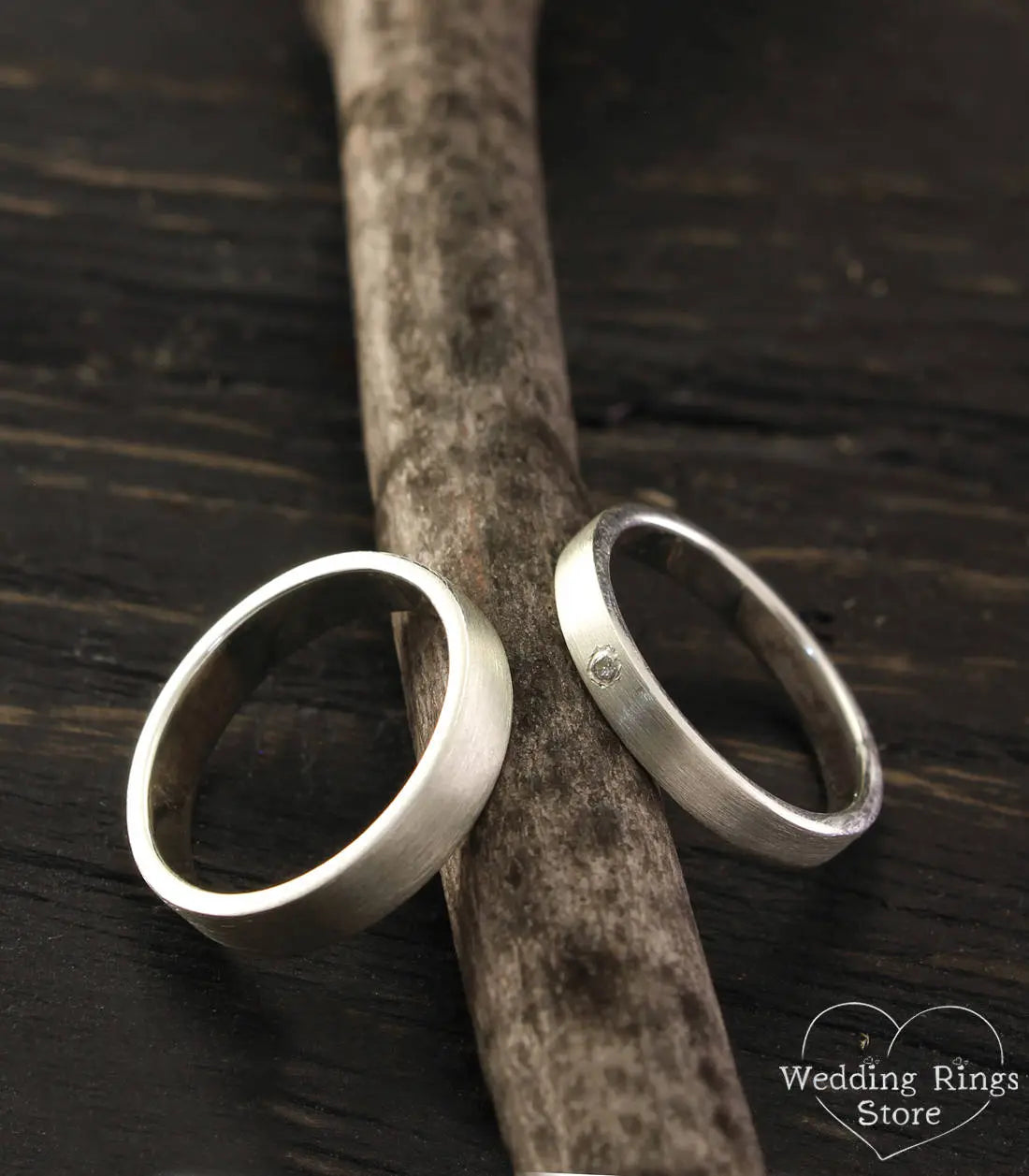 Simple Silver Plain & Diamond Wedding Rings Set