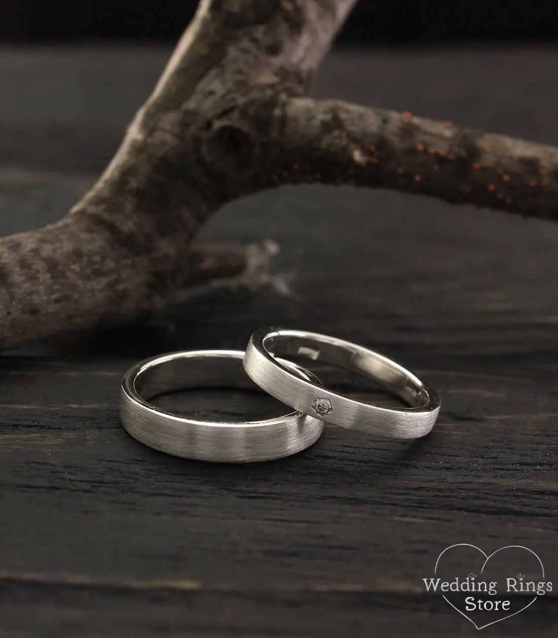 Simple Silver Plain & Diamond Wedding Rings Set