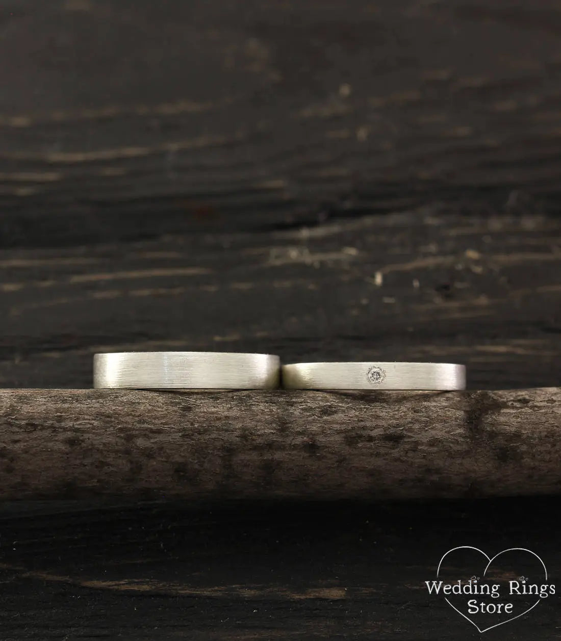 Simple Silver Plain & Diamond Wedding Rings Set