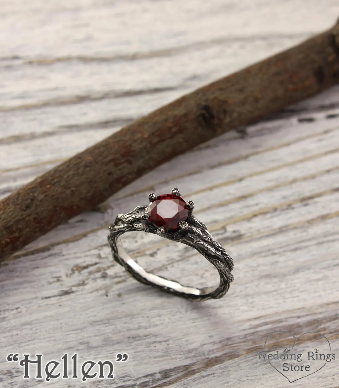 Garnet in Unique Tree textured Branch Engagement Ring