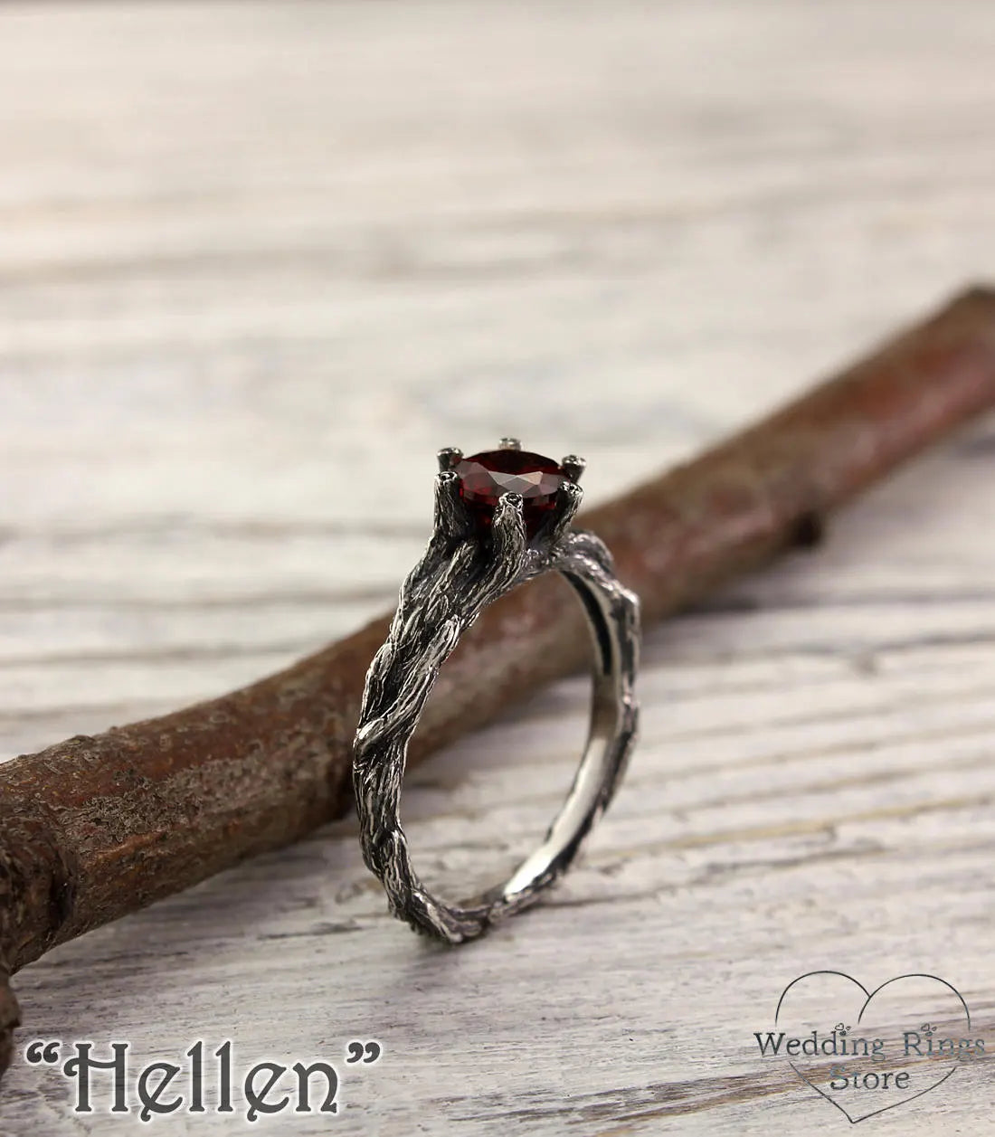 Garnet in Unique Tree textured Branch Engagement Ring