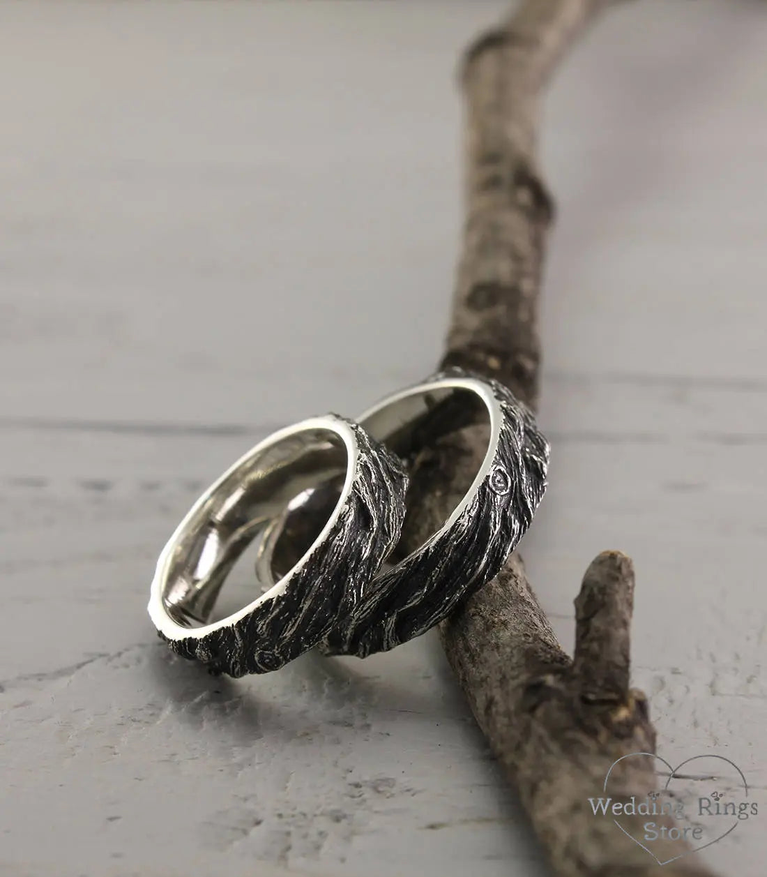 His & Her Forest Tree bark Silver Wedding Bands Set