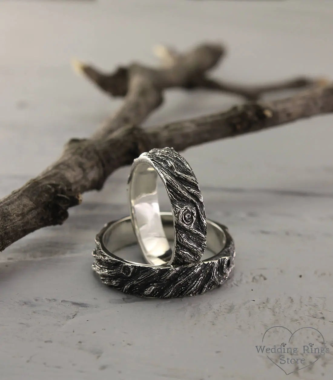 His & Her Forest Tree bark Silver Wedding Bands Set