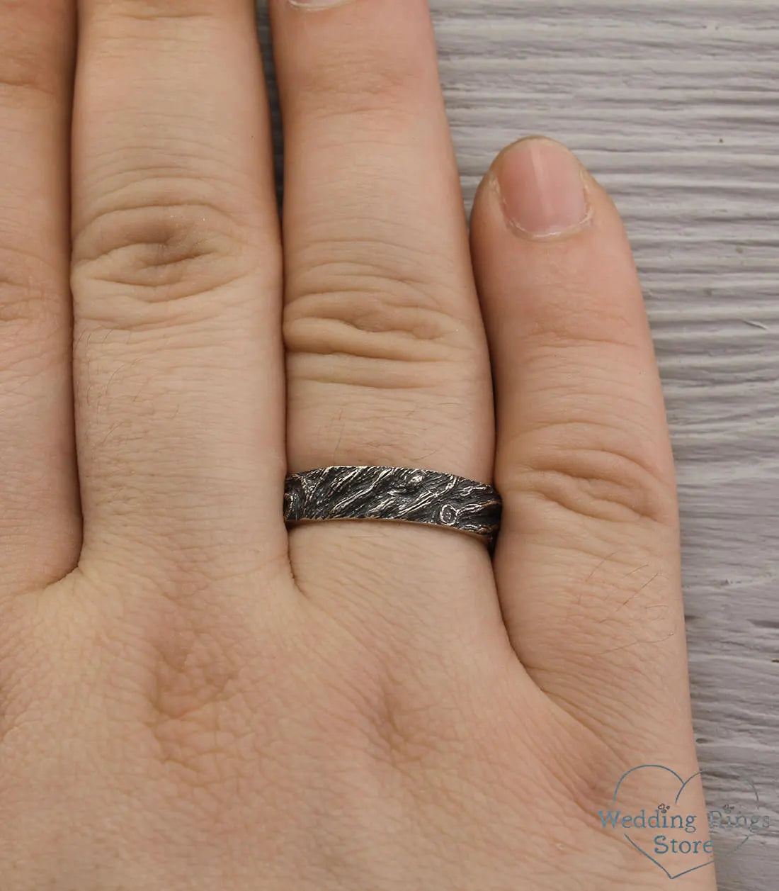 His & Her Forest Tree bark Silver Wedding Bands Set