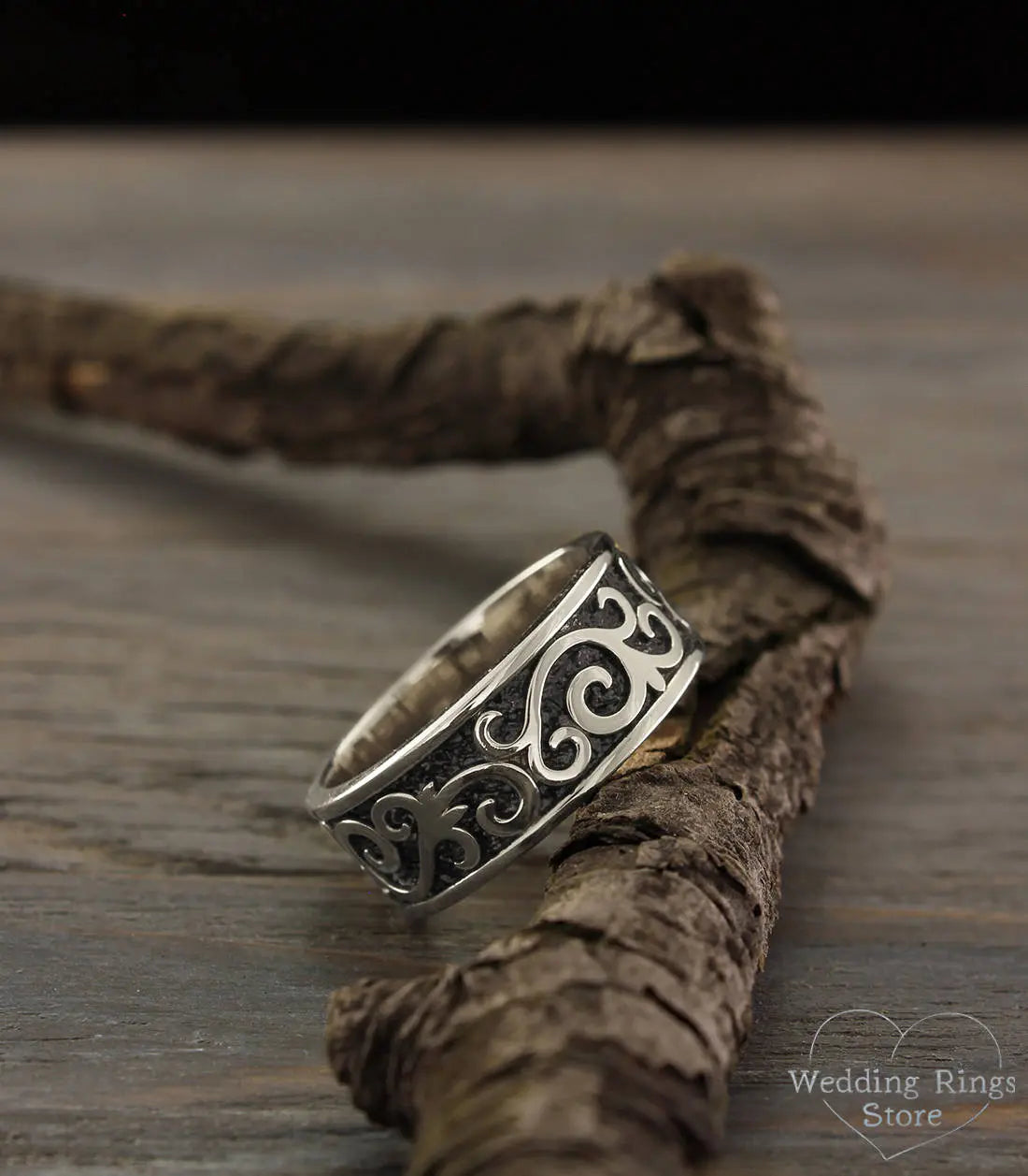 Antique style Sterling Silver Wedding Band Vines & Oxidized