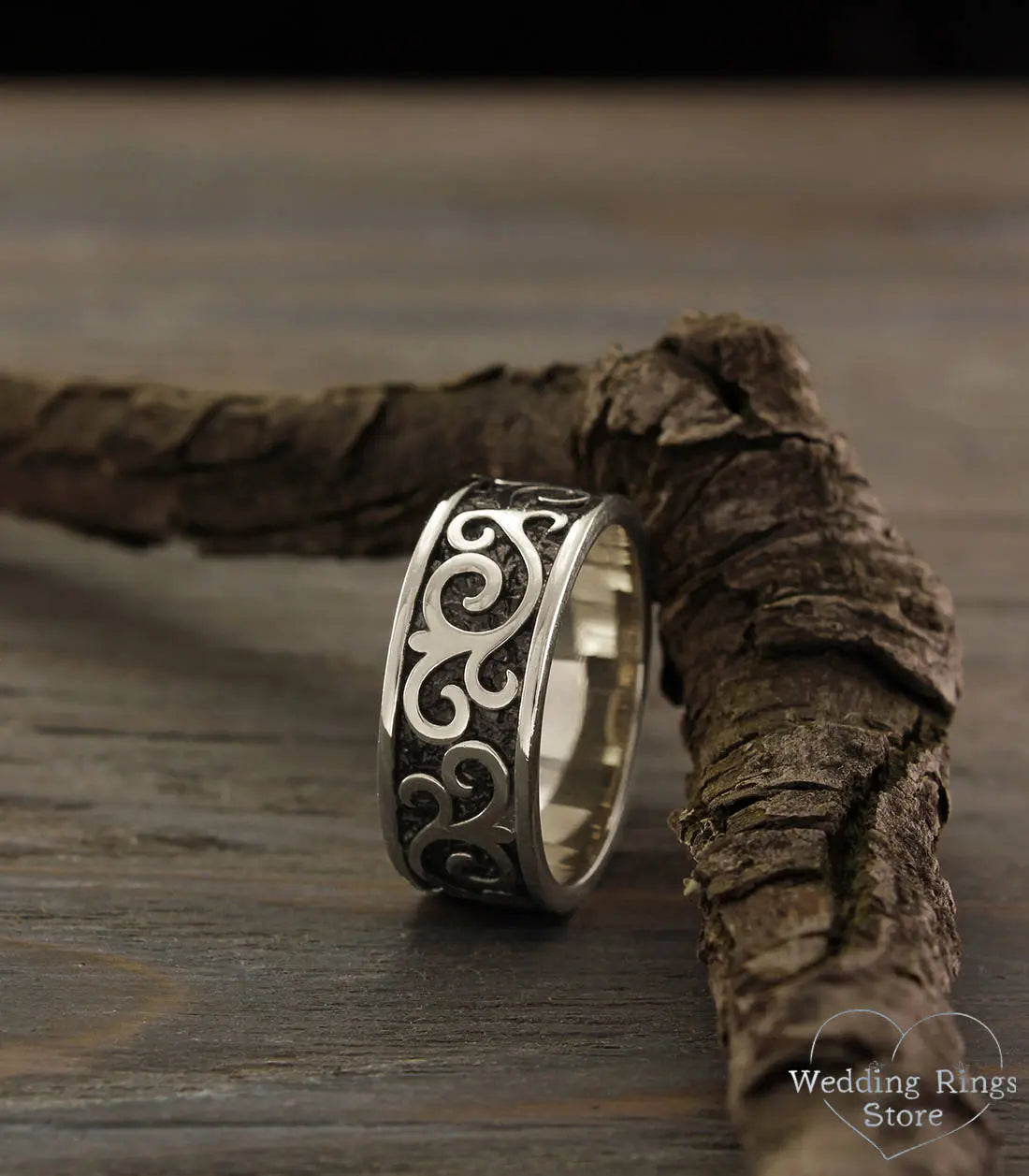 Antique style Sterling Silver Wedding Band Vines & Oxidized